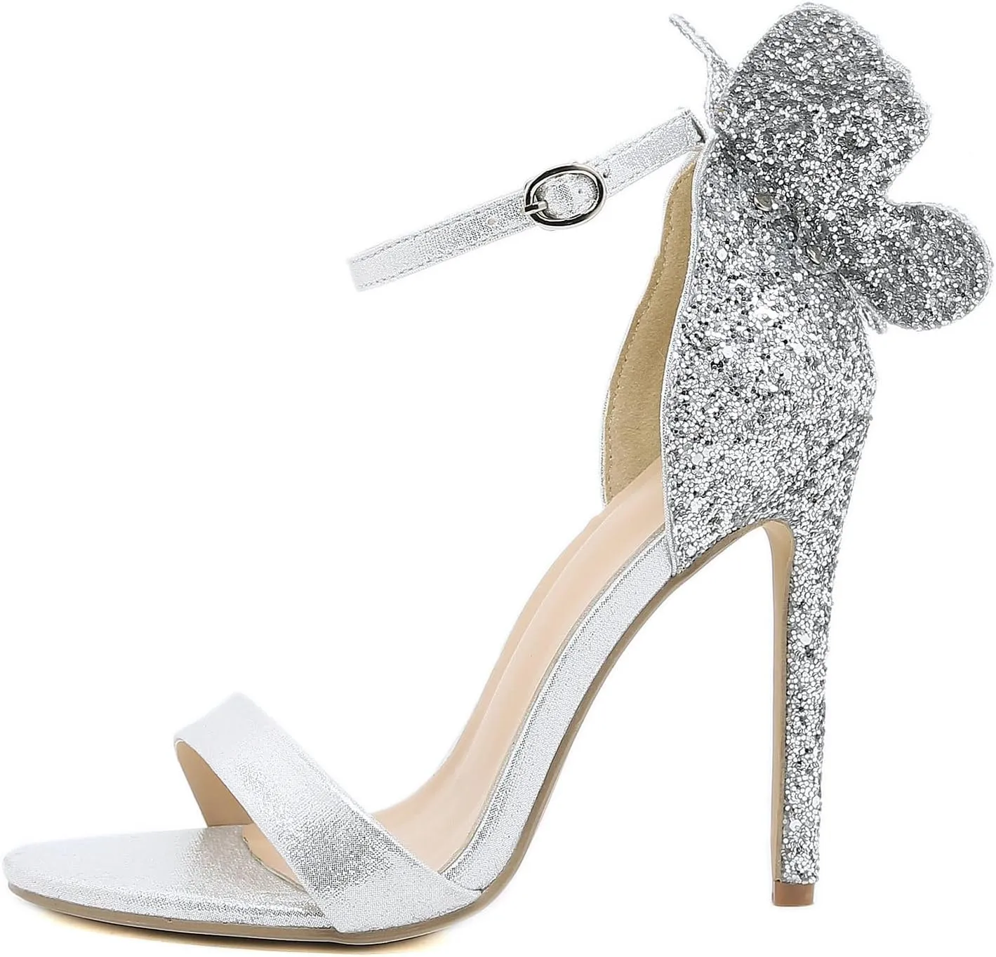 Trendenzy Womens Butterfly High Heels Metallic Sandals Open Toe Ankle Strap Stiletto Pumps Sparkly Wedding Party Summer Shoes