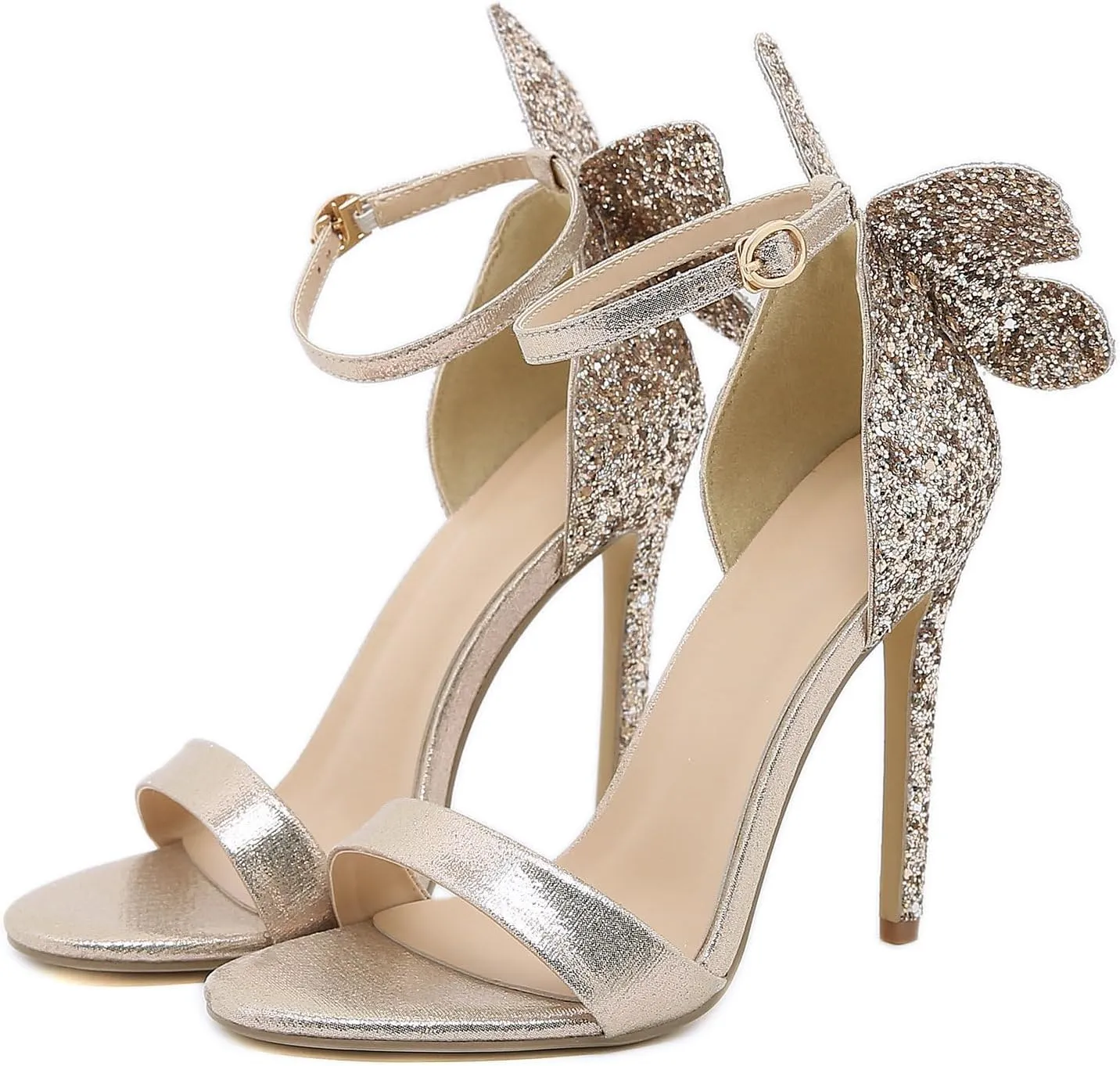 Trendenzy Womens Butterfly High Heels Metallic Sandals Open Toe Ankle Strap Stiletto Pumps Sparkly Wedding Party Summer Shoes