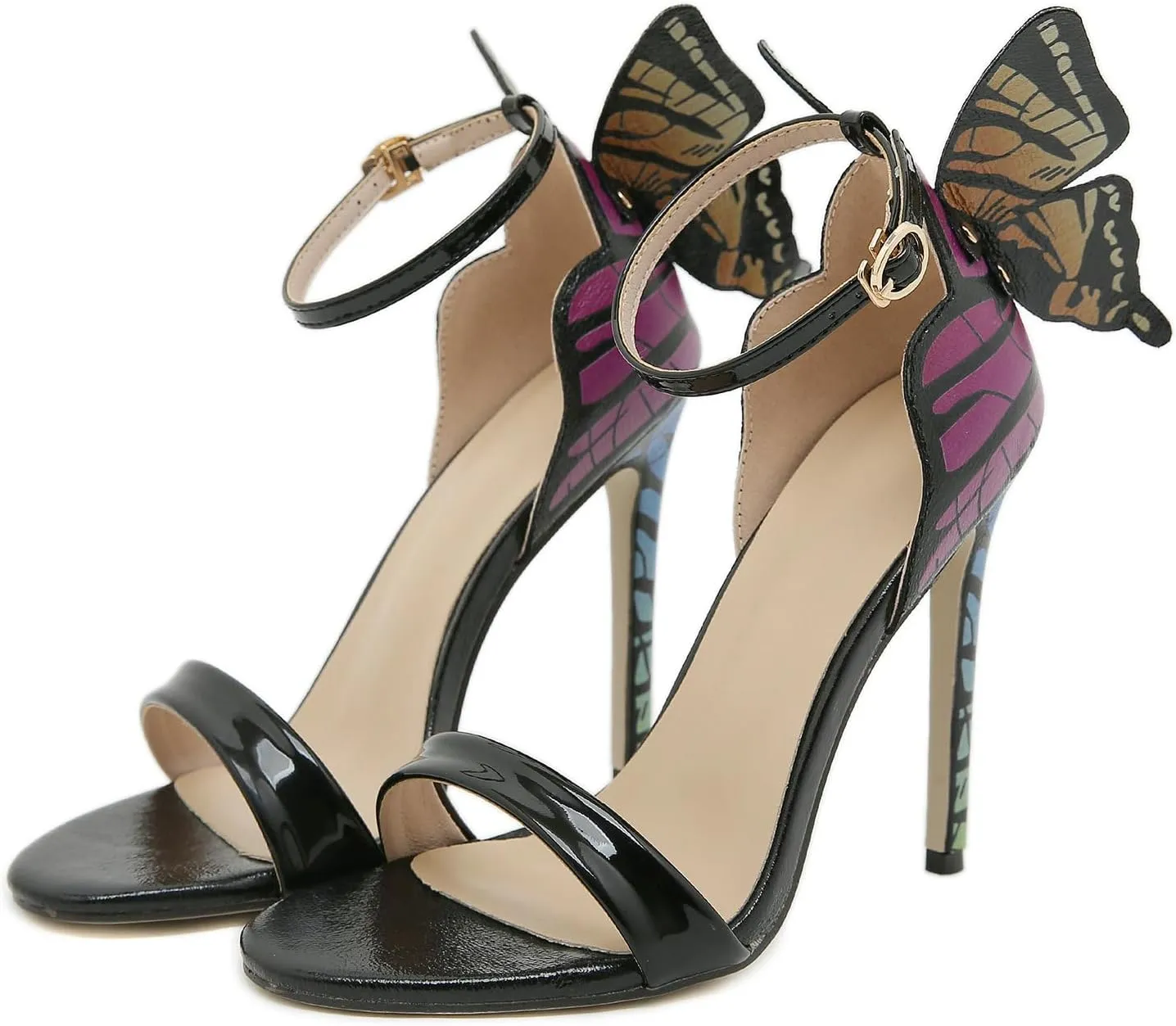 Trendenzy Womens Butterfly High Heels Metallic Sandals Open Toe Ankle Strap Stiletto Pumps Sparkly Wedding Party Summer Shoes