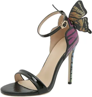 Trendenzy Womens Butterfly High Heels Metallic Sandals Open Toe Ankle Strap Stiletto Pumps Sparkly Wedding Party Summer Shoes