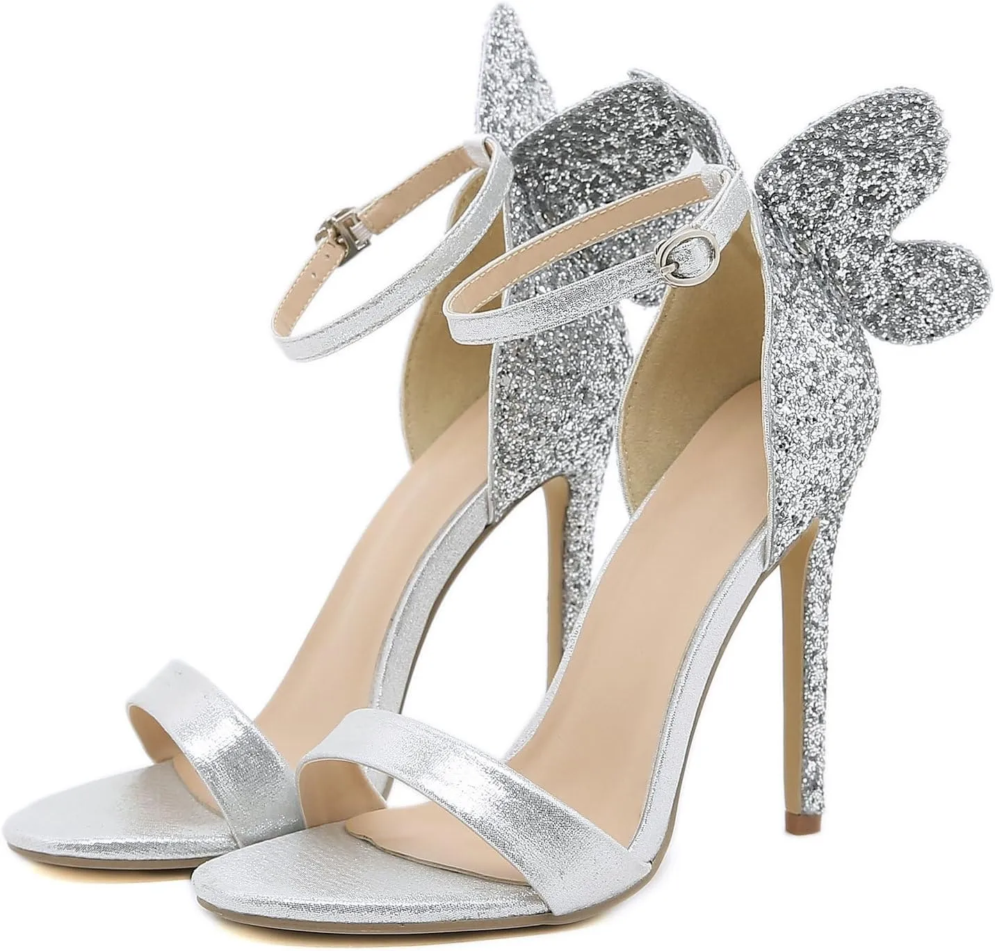 Trendenzy Womens Butterfly High Heels Metallic Sandals Open Toe Ankle Strap Stiletto Pumps Sparkly Wedding Party Summer Shoes