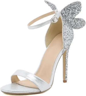 Trendenzy Womens Butterfly High Heels Metallic Sandals Open Toe Ankle Strap Stiletto Pumps Sparkly Wedding Party Summer Shoes