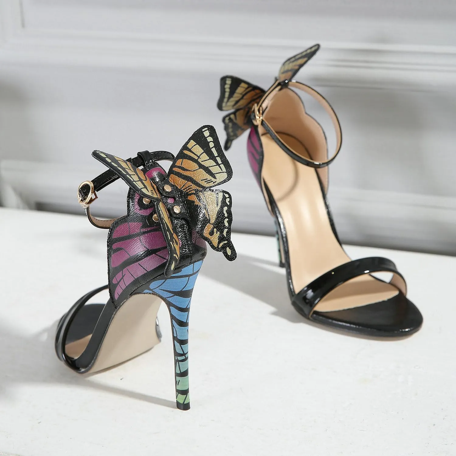 Trendenzy Womens Butterfly High Heels Metallic Sandals Open Toe Ankle Strap Stiletto Pumps Sparkly Wedding Party Summer Shoes
