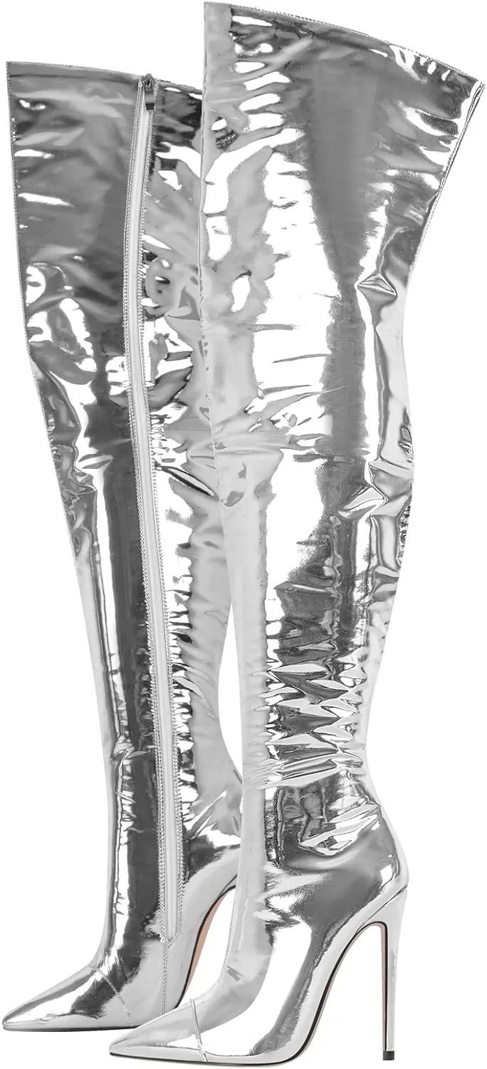 VERISSON Women's Over Knee Metallic Boots Point Toe Clorfulr Stiletto High Heels Zip up Thigh Booties