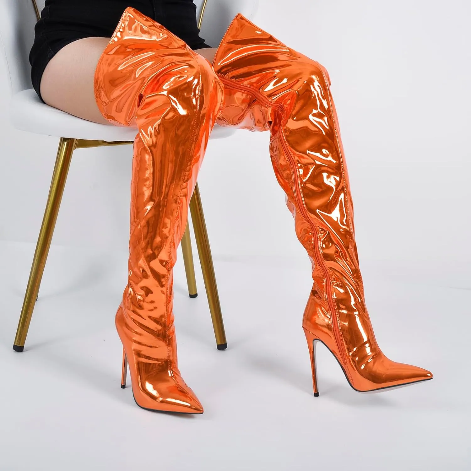 VERISSON Women's Over Knee Metallic Boots Point Toe Clorfulr Stiletto High Heels Zip up Thigh Booties