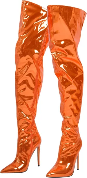 VERISSON Women's Over Knee Metallic Boots Point Toe Clorfulr Stiletto High Heels Zip up Thigh Booties