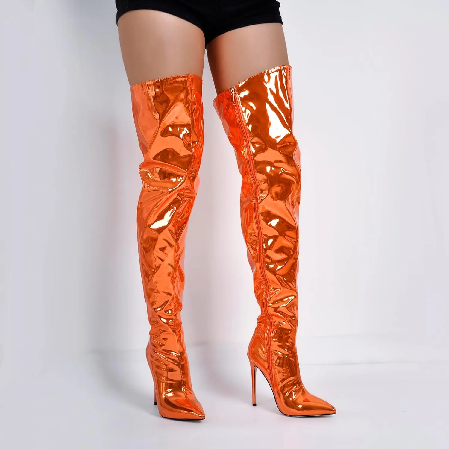 VERISSON Women's Over Knee Metallic Boots Point Toe Clorfulr Stiletto High Heels Zip up Thigh Booties
