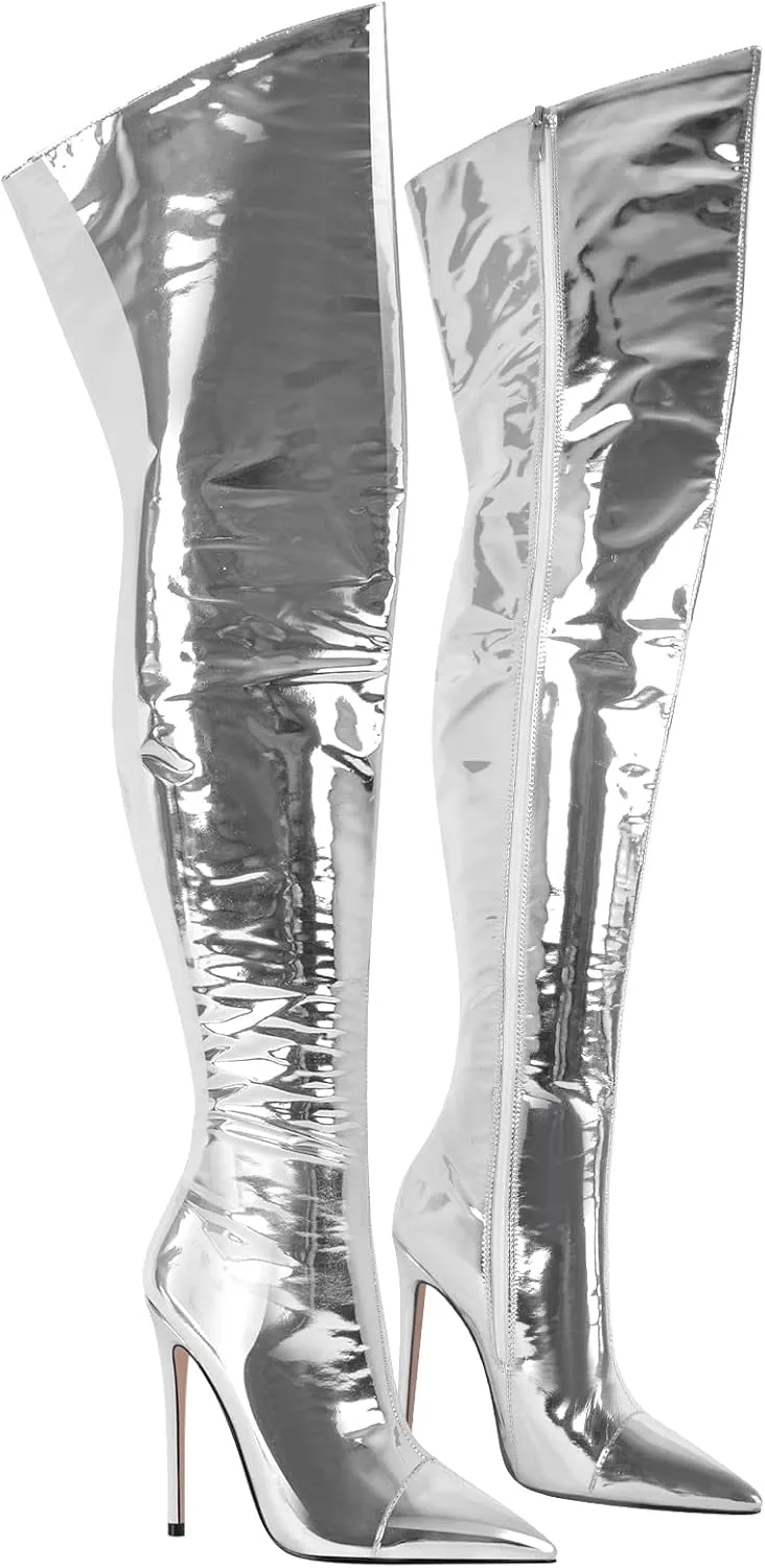 VERISSON Women's Over Knee Metallic Boots Point Toe Clorfulr Stiletto High Heels Zip up Thigh Booties