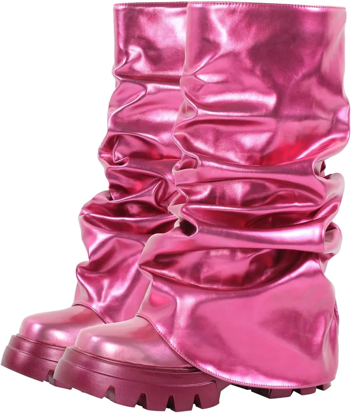 VERISSON Women's under the Knee Boots Square Toe Metallic Rouch Boots Block High Heels Pull up Booties