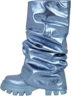 VERISSON Women's under the Knee Boots Square Toe Metallic Rouch Boots Block High Heels Pull up Booties