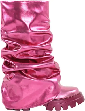 VERISSON Women's under the Knee Boots Square Toe Metallic Rouch Boots Block High Heels Pull up Booties