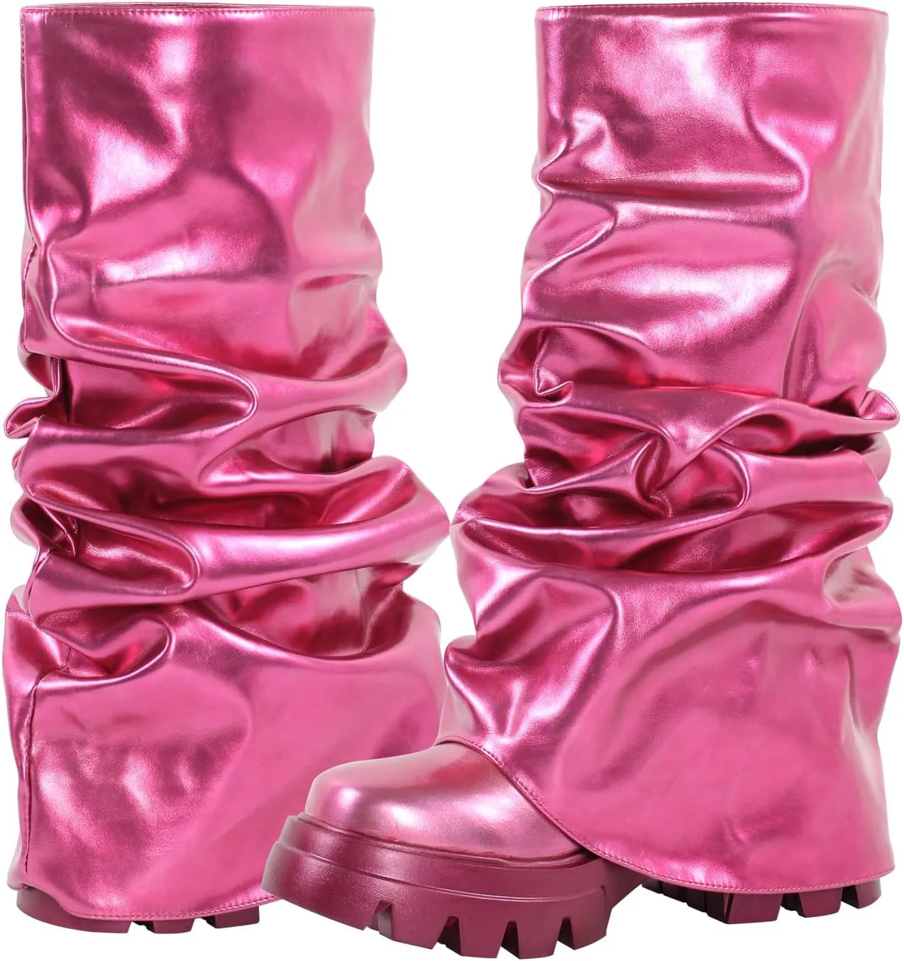 VERISSON Women's under the Knee Boots Square Toe Metallic Rouch Boots Block High Heels Pull up Booties