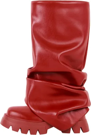 VERISSON Women's under the Knee Boots Square Toe Metallic Rouch Boots Block High Heels Pull up Booties