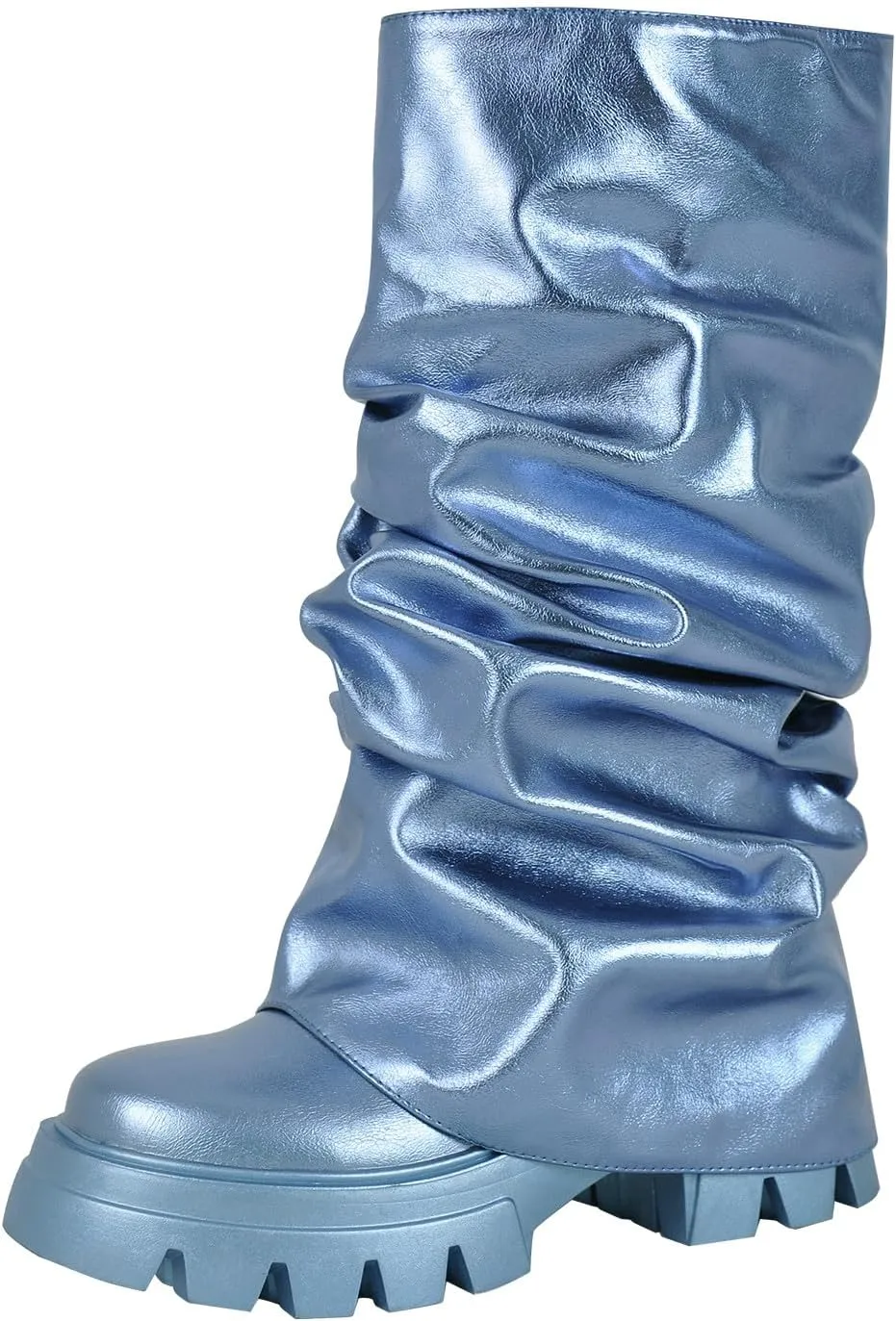 VERISSON Women's under the Knee Boots Square Toe Metallic Rouch Boots Block High Heels Pull up Booties