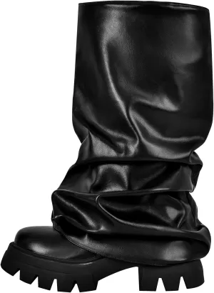 VERISSON Women's under the Knee Boots Square Toe Metallic Rouch Boots Block High Heels Pull up Booties