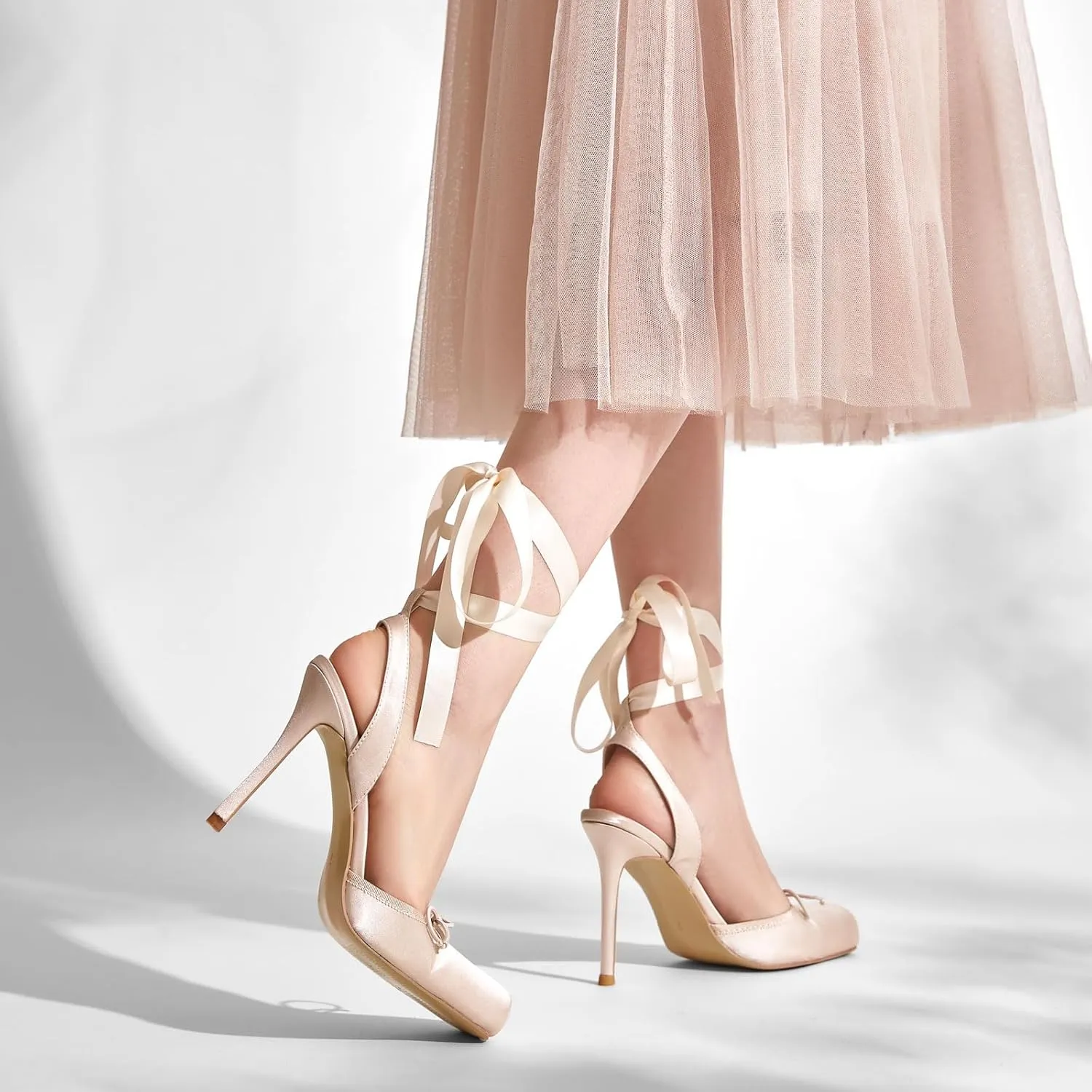 Vertundy Women's Satin Ballet Heels Lace Up Square Toe Stiletto High Bow Ballerina Heels