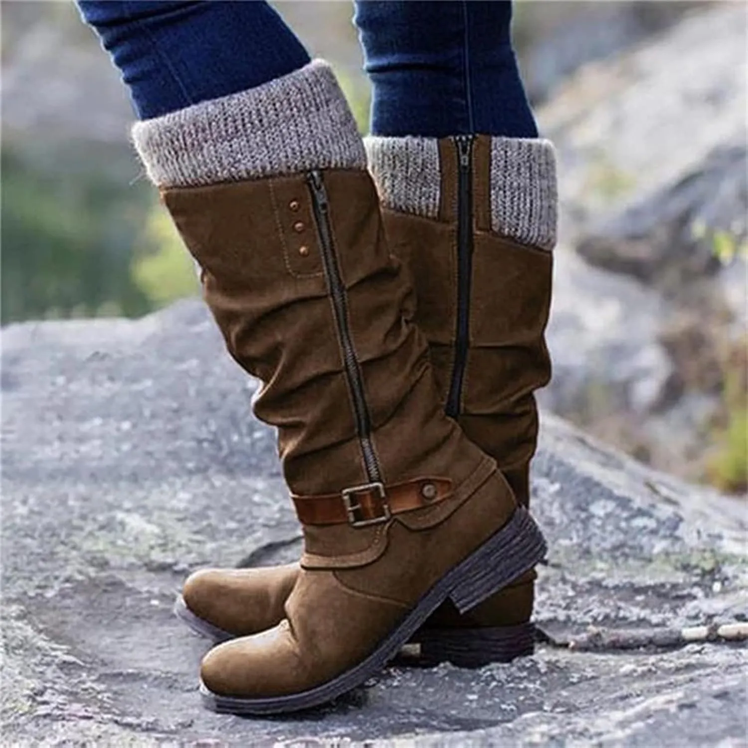 Winter Boots For Women 2022 Trendy Lace up Mid Calf Combat Riding Military Boots Closed Toe Side Zipper Platform Booties