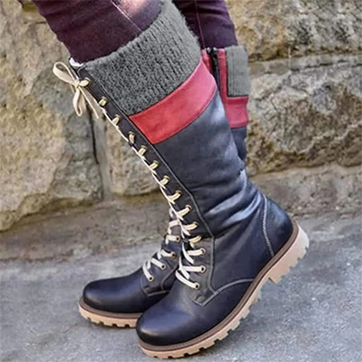 Winter Boots For Women 2022 Trendy Lace up Mid Calf Riding Military Combat Boots Side Zipper Low Heel Platform Boots