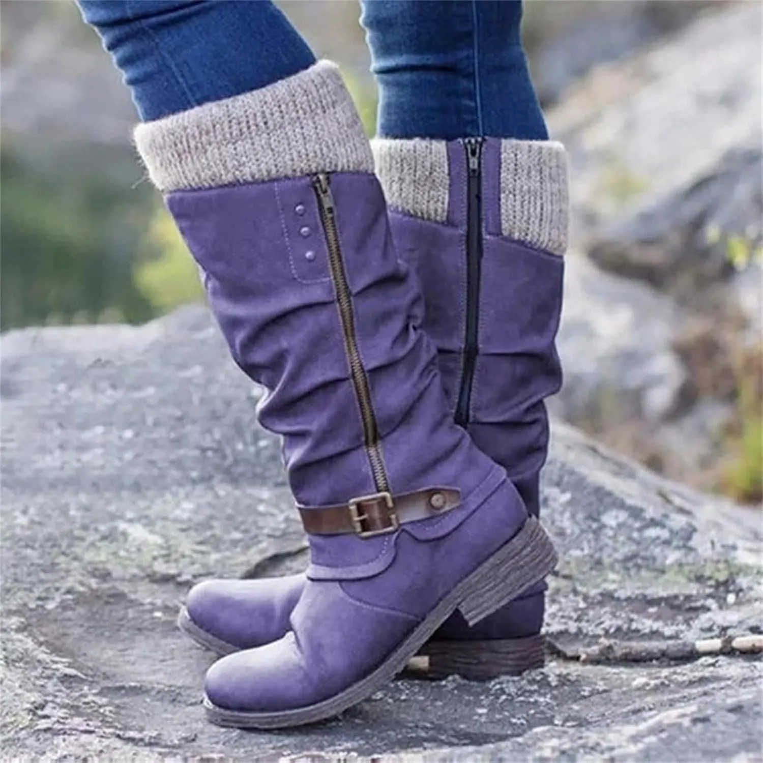 Winter Boots For Women Fashion 2022 Cold Weather Mid Calf Lace Up Side Zipper Low Heel Platform Military Combat Boots