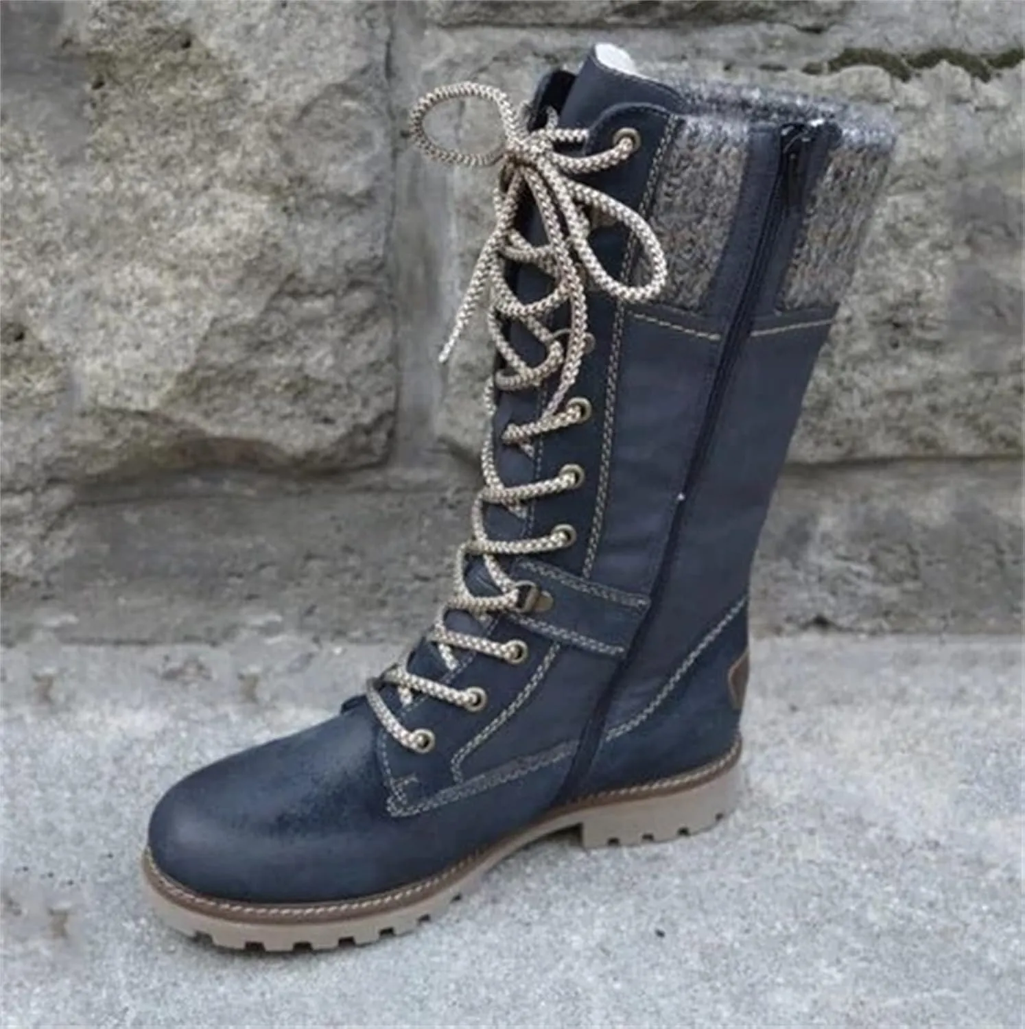 Winter Boots For Women Fashion 2022 Cold Weather Mid Calf Lace Up Side Zipper Low Heel Platform Military Combat Boots
