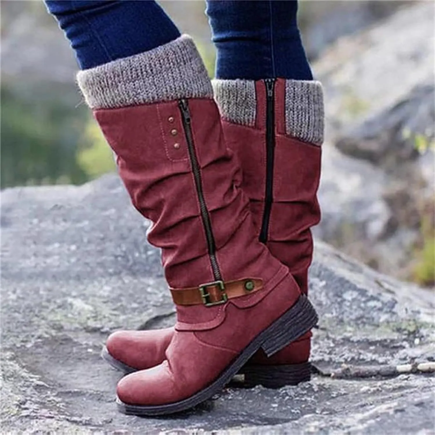 Winter Boots For Women Fashion 2022 Cold Weather Mid Calf Lace Up Side Zipper Low Heel Platform Military Combat Boots