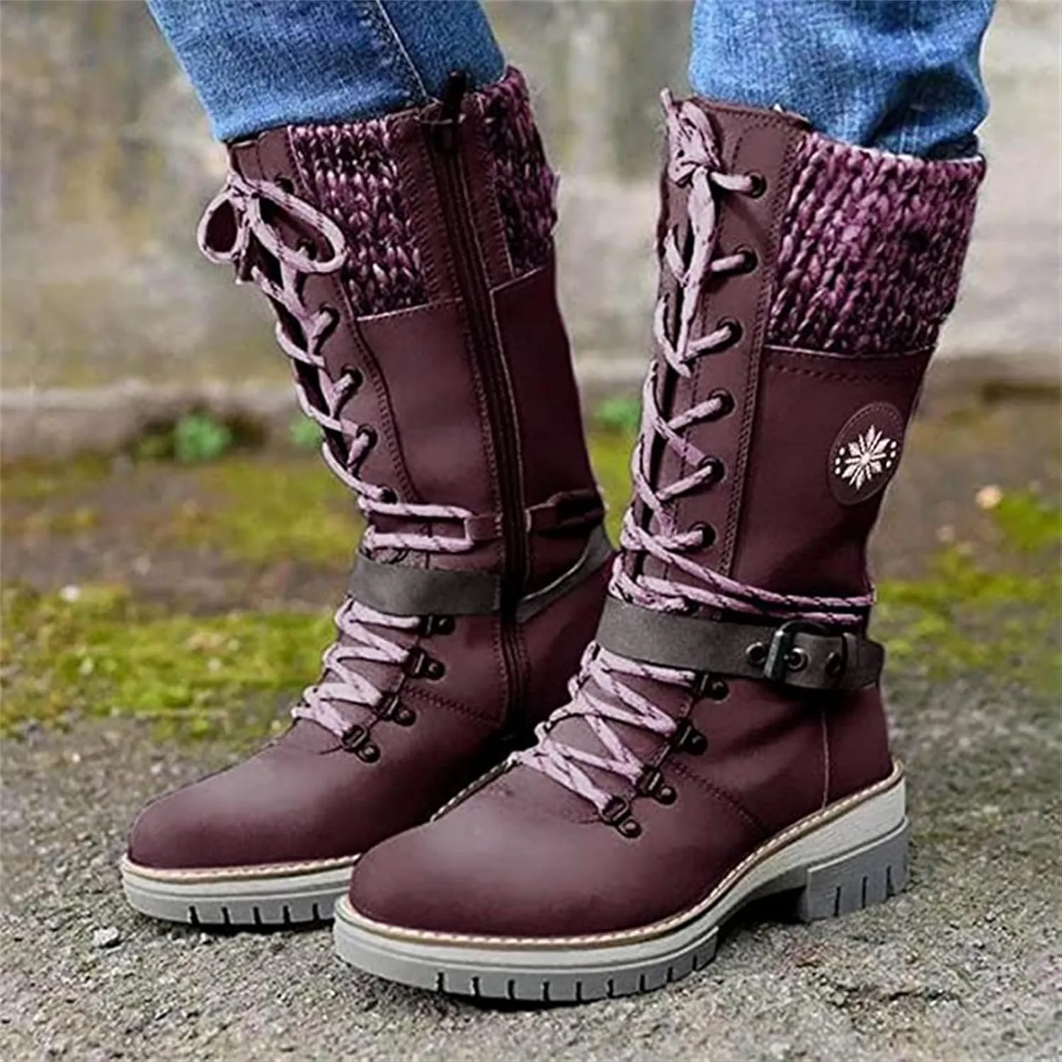 Winter Boots For Women Fashion 2022 Lace up Mid Calf Military Combat Boots Side Zipper Low Heel Platform Walking Shoes