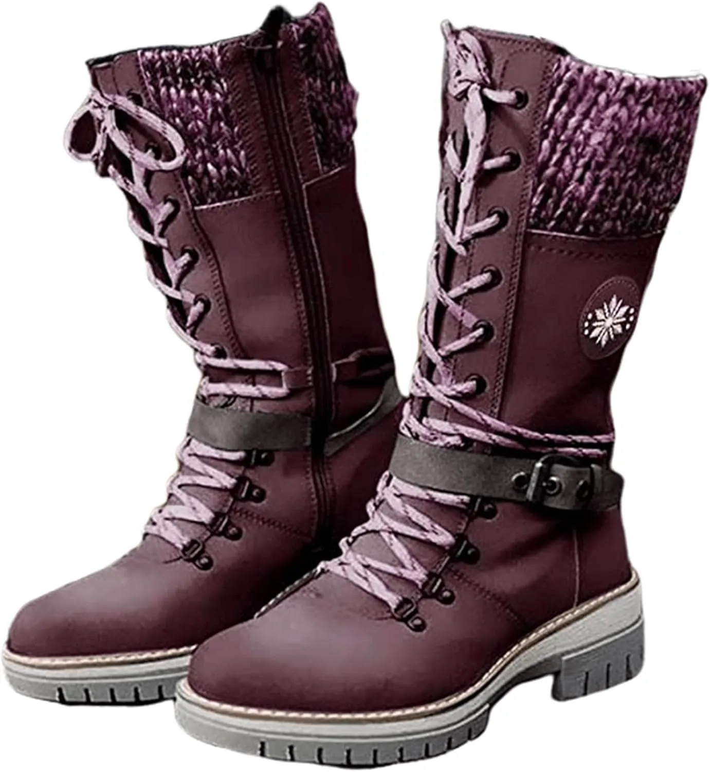 Winter Boots For Women Fashion 2022 Lace up Mid Calf Military Combat Boots Side Zipper Low Heel Platform Walking Shoes