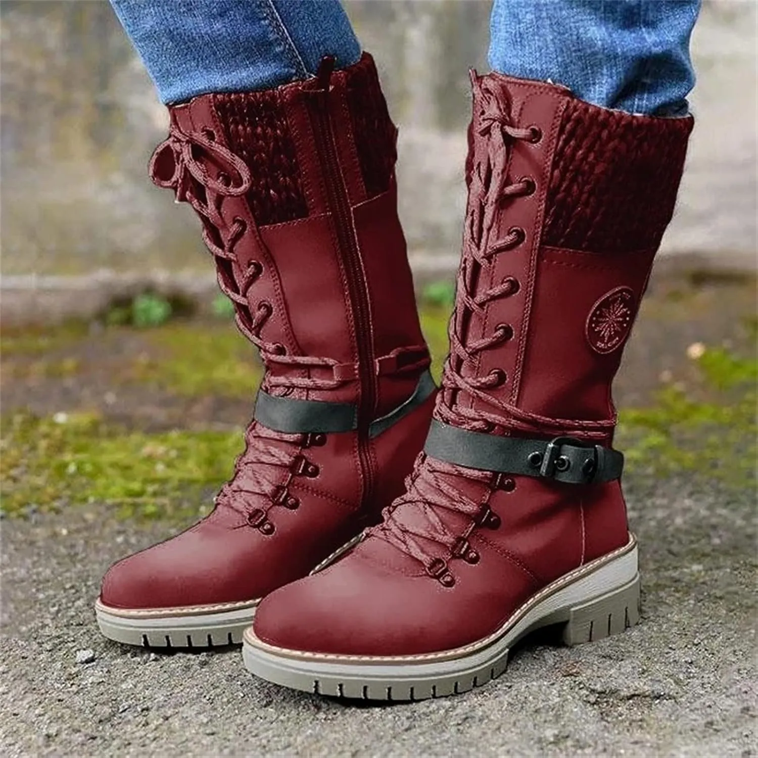 Winter Boots For Women Fashion 2022 Lace up Mid Calf Military Combat Boots Side Zipper Low Heel Platform Walking Shoes