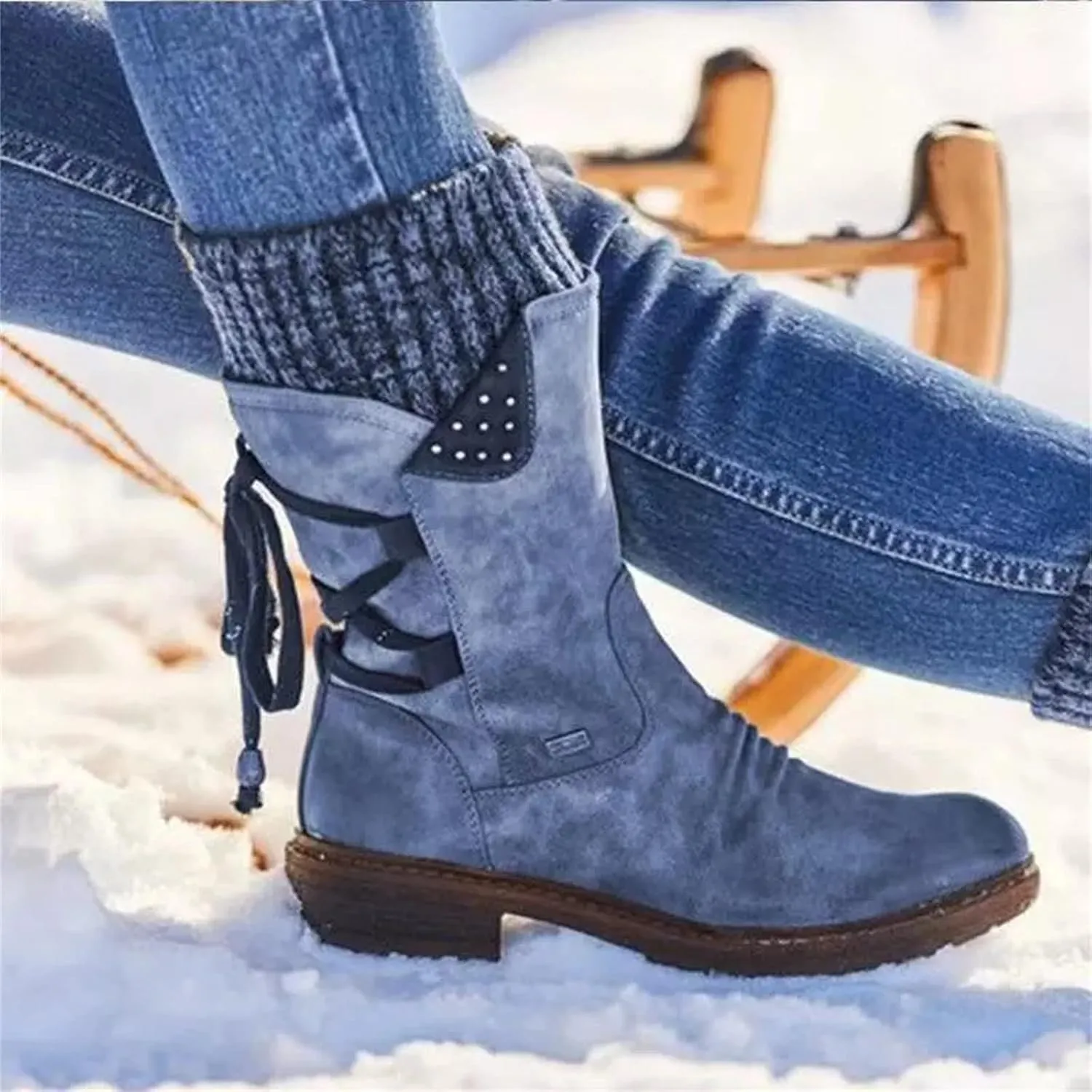 Winter Boots For Women Fashion 2022 Outdoor Walking Mid Calf Lace Up Side Zipper Low Heel Platform Military Combat Boot