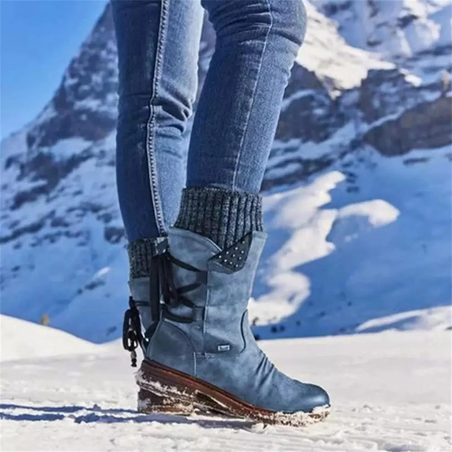 Winter Boots For Women Fashion 2022 Outdoor Walking Mid Calf Lace Up Side Zipper Low Heel Platform Military Combat Boot
