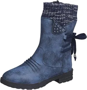 Winter Boots For Women Fashion 2022 Outdoor Walking Mid Calf Lace Up Side Zipper Low Heel Platform Military Combat Boot
