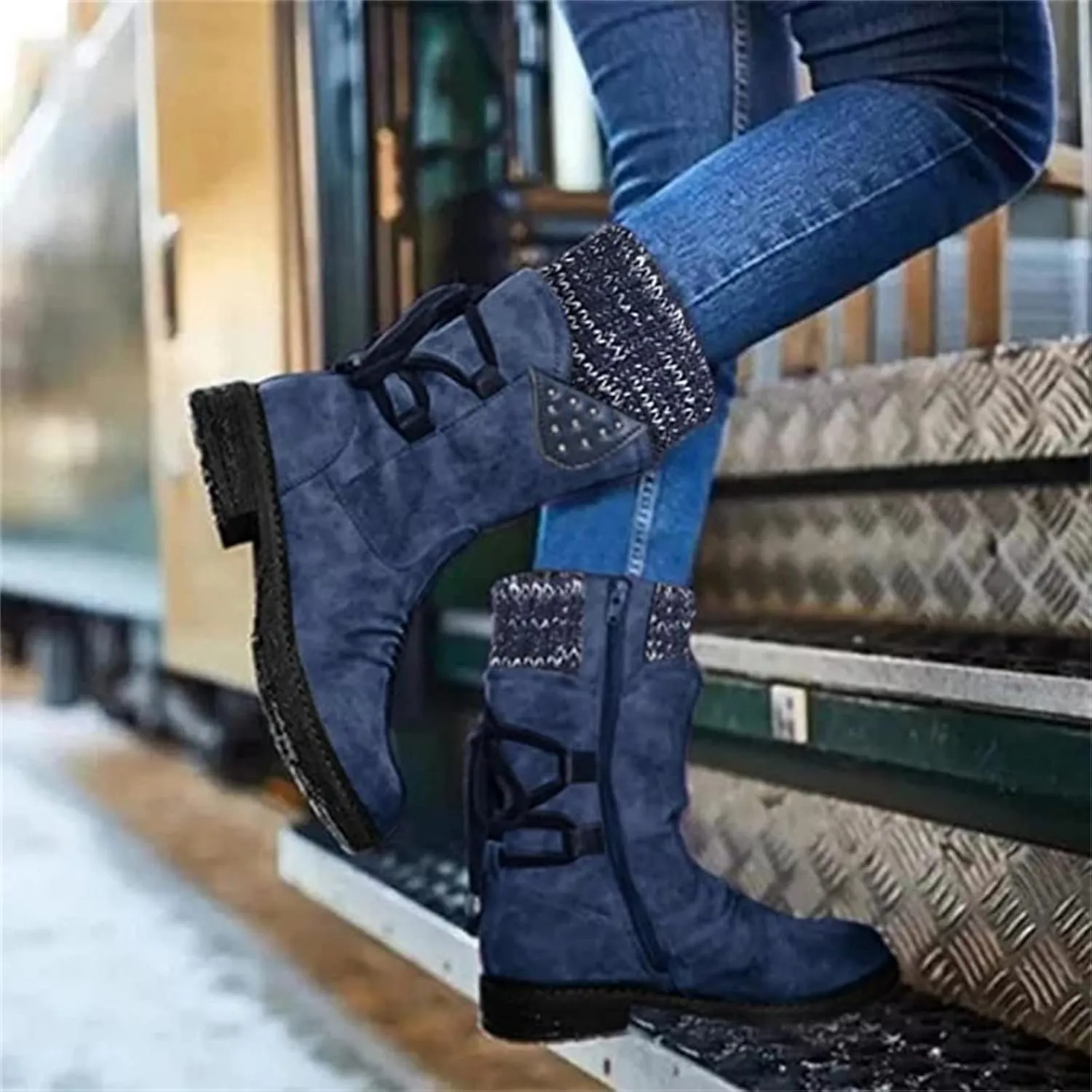 Winter Boots For Women Fashion 2022 Outdoor Walking Mid Calf Lace Up Side Zipper Low Heel Platform Military Combat Boot