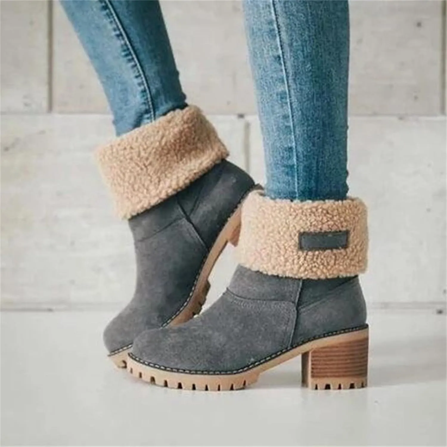 Winter Boots for Women Faux Fur Lined Slip On Mid Calf Chunky Heel Suede Ankle Boots Warm Comfy Snow Boots for Outdoor
