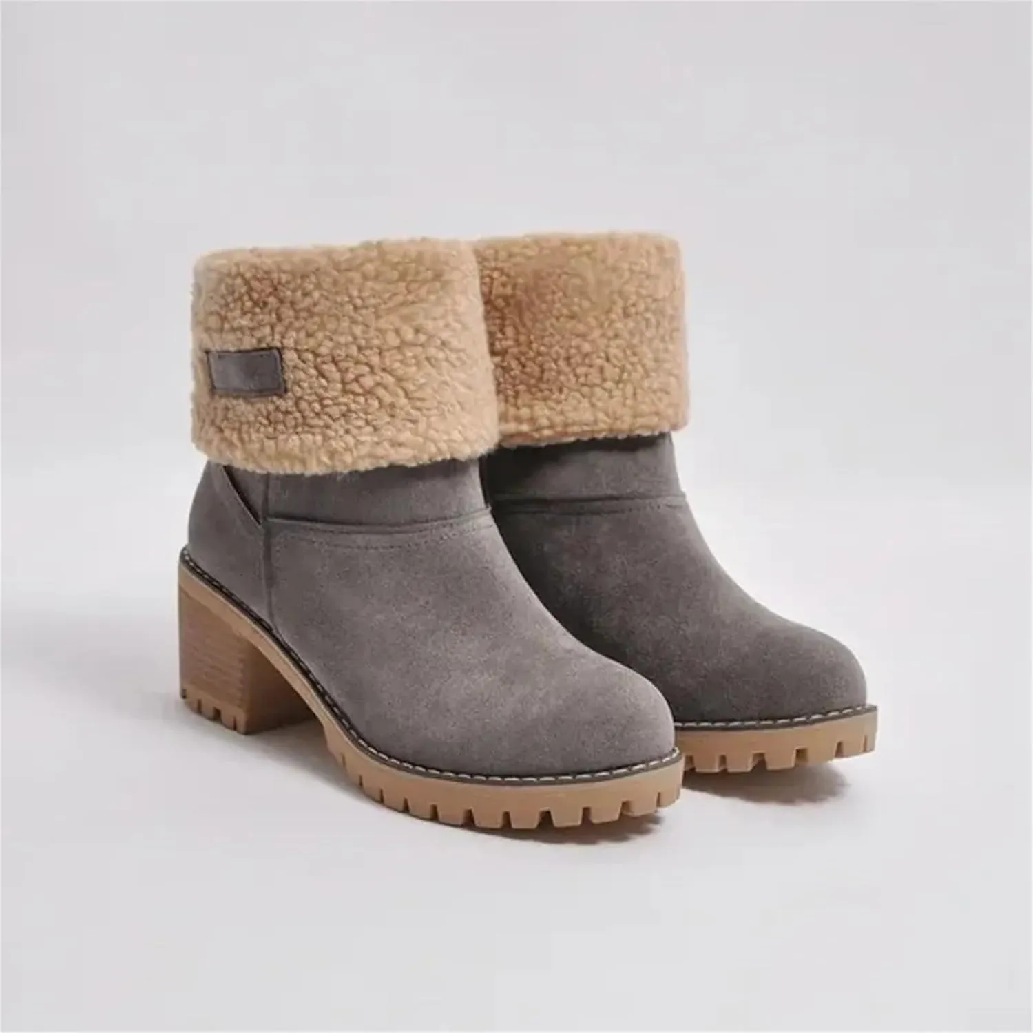 Winter Boots for Women Faux Fur Lined Slip On Mid Calf Chunky Heel Suede Ankle Boots Warm Comfy Snow Boots for Outdoor