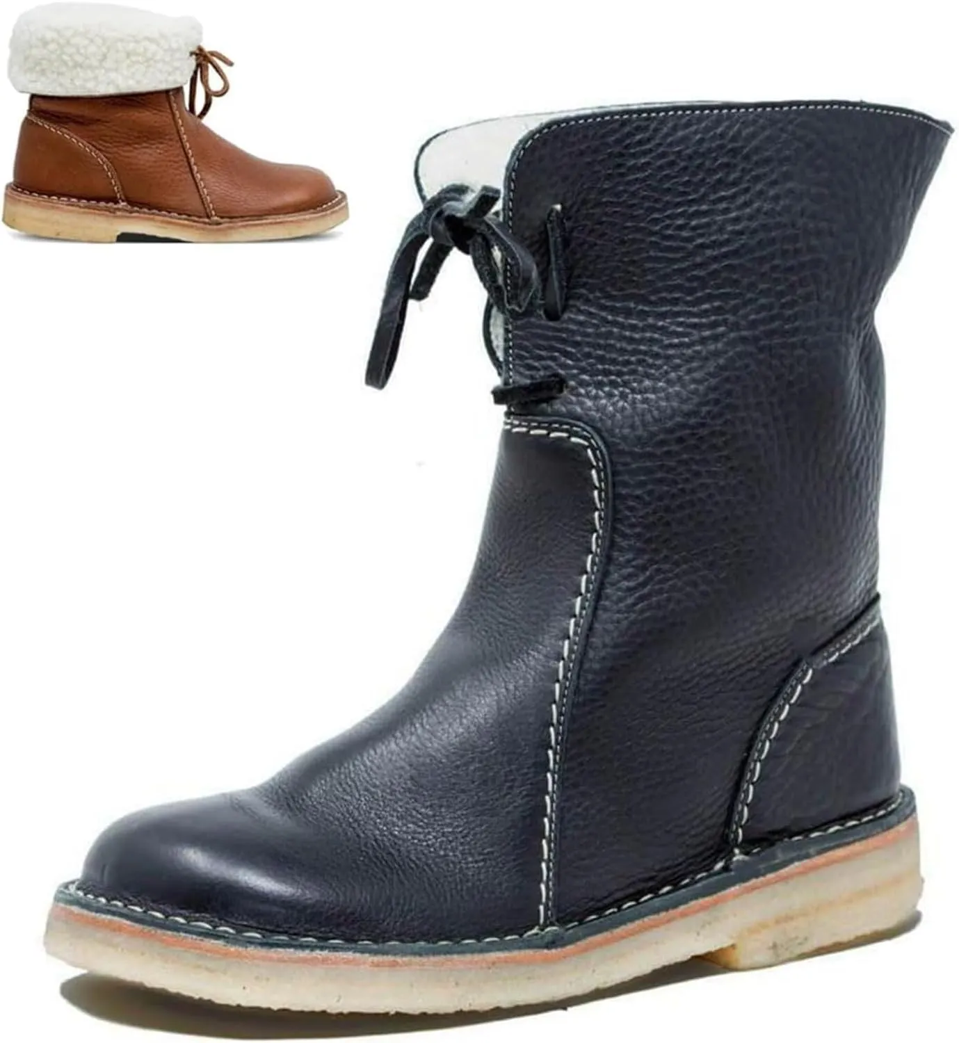 Winter Boots for Women Faux Fur Lined Slip On Mid Calf Chunky Heel Suede Ankle Boots Warm Comfy Snow Boots for Outdoor