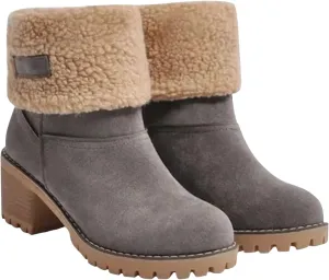 Winter Boots for Women Faux Fur Lined Slip On Mid Calf Chunky Heel Suede Ankle Boots Warm Comfy Snow Boots for Outdoor