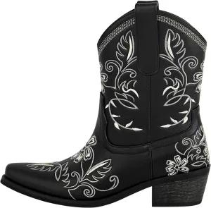 Women Ankle boots Embroidered Western Cowboy Cowgirl Chunky Heel Square Western Boots Chunky Heel Pull On Flower Short Boots