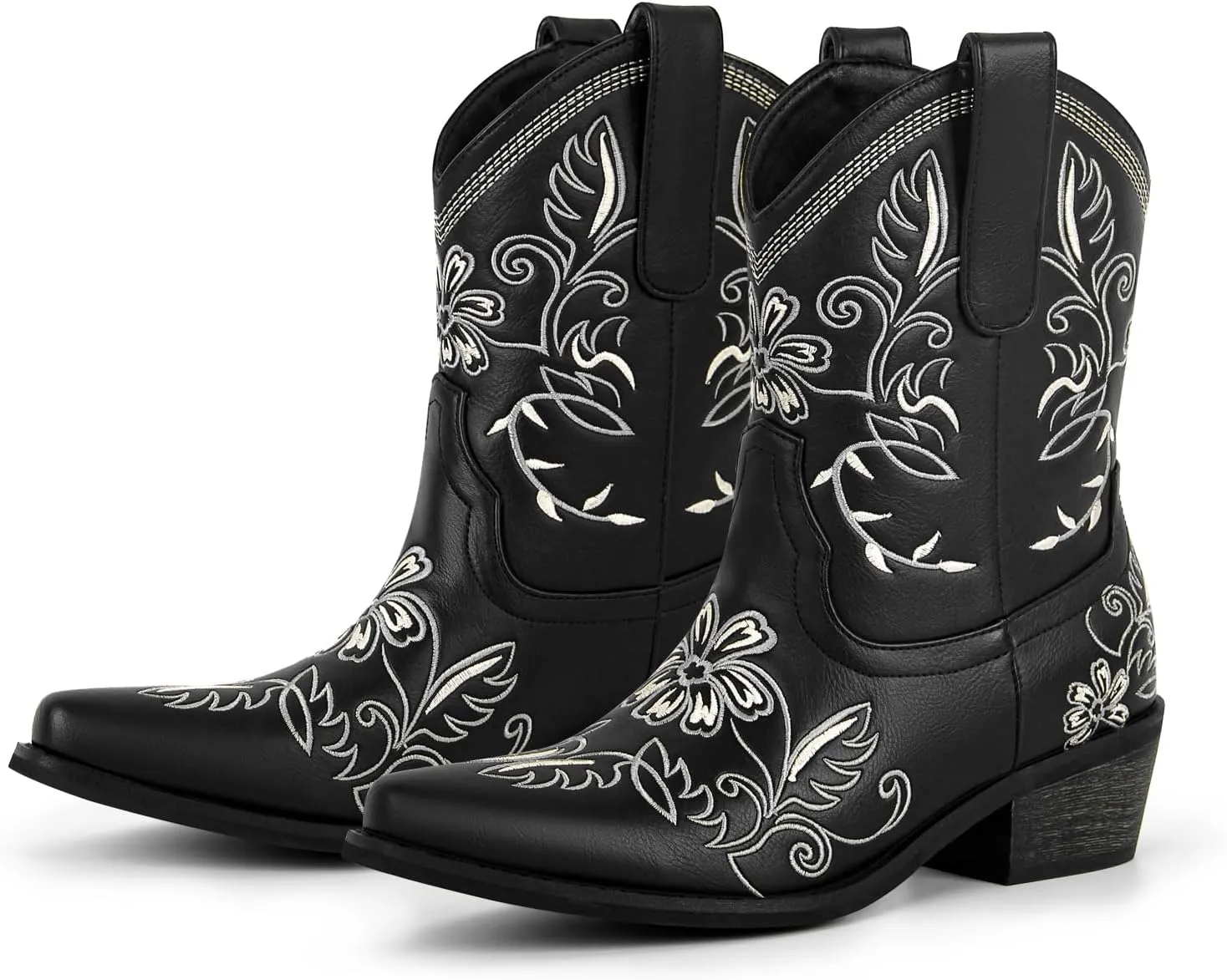 Women Ankle boots Embroidered Western Cowboy Cowgirl Chunky Heel Square Western Boots Chunky Heel Pull On Flower Short Boots