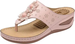 Women Flower Flip Flops with Arch Support Wedge Sandals Summer Platform Slides Comfortable Casual Shoes (Pink, 8.5)