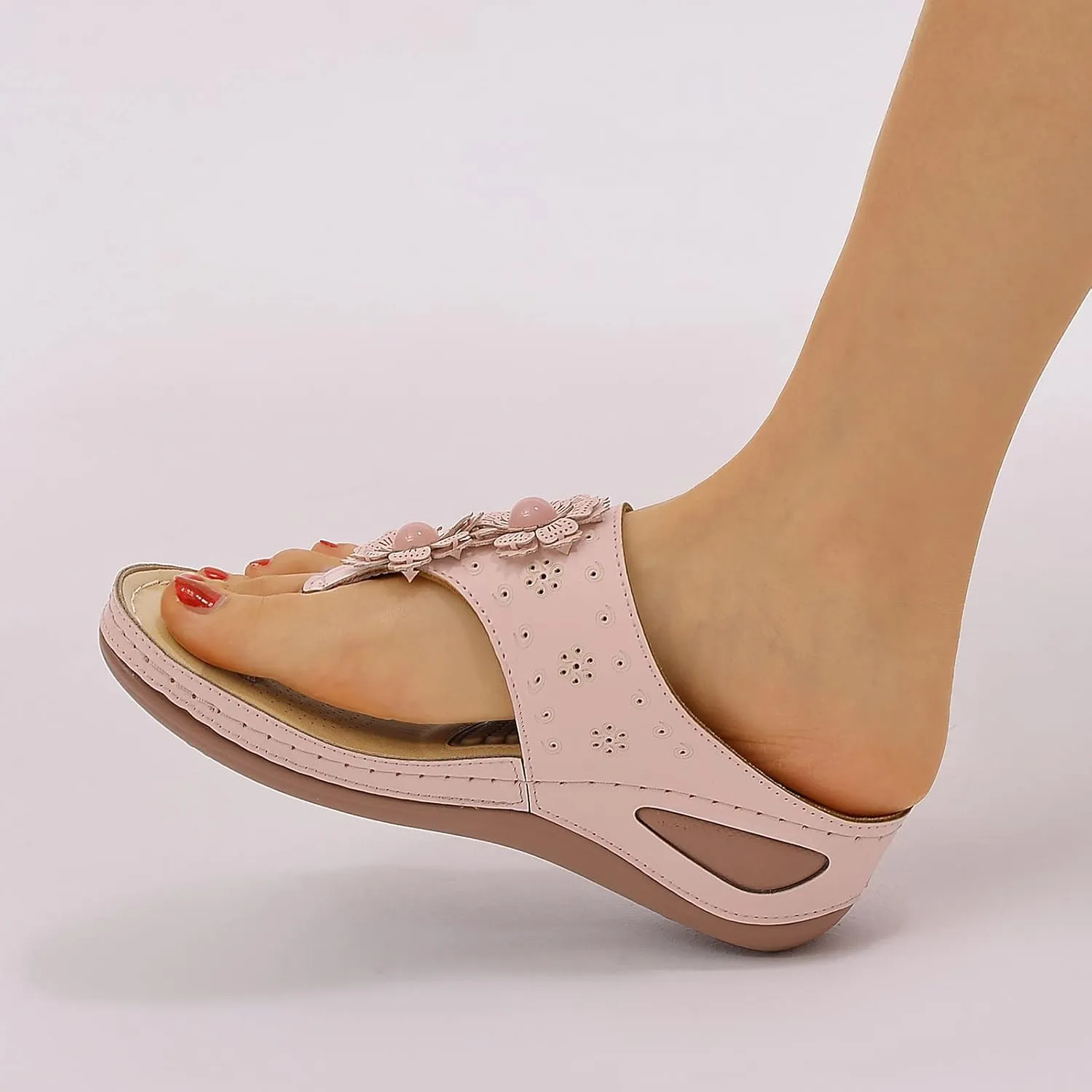Women Flower Flip Flops with Arch Support Wedge Sandals Summer Platform Slides Comfortable Casual Shoes (Pink, 8.5)
