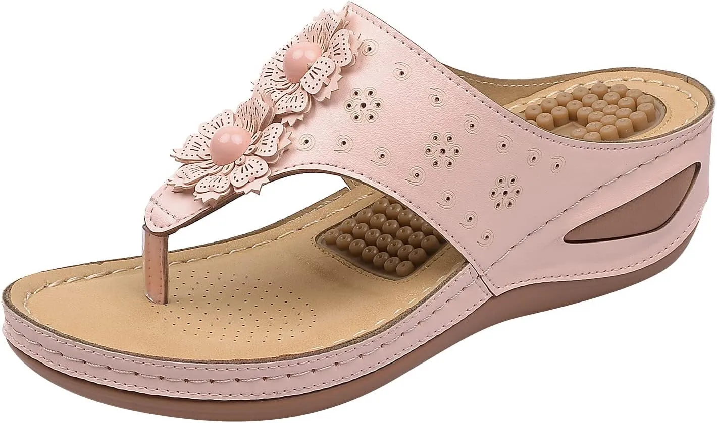 Women Flower Flip Flops with Arch Support Wedge Sandals Summer Platform Slides Comfortable Casual Shoes (Pink, 8.5)