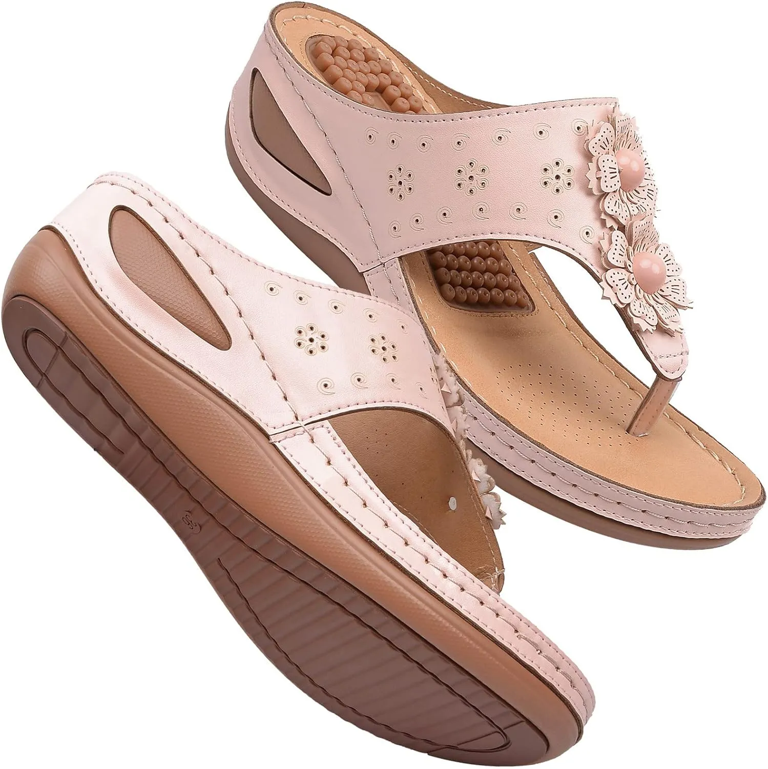 Women Flower Flip Flops with Arch Support Wedge Sandals Summer Platform Slides Comfortable Casual Shoes (Pink, 8.5)
