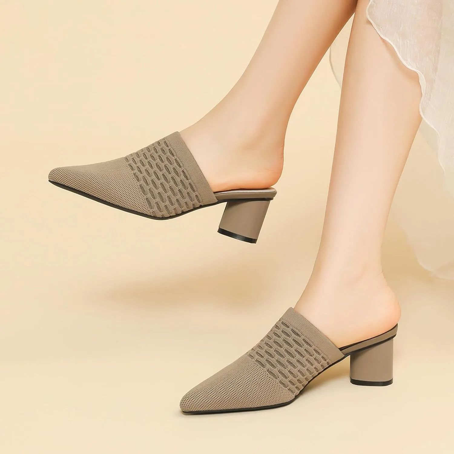 Women Knit Closed Pointed Toe Chunky Heel Mules Mesh Breathable Low Block Heel Pump Sandals Comfortable Slip On Dress Party Slides