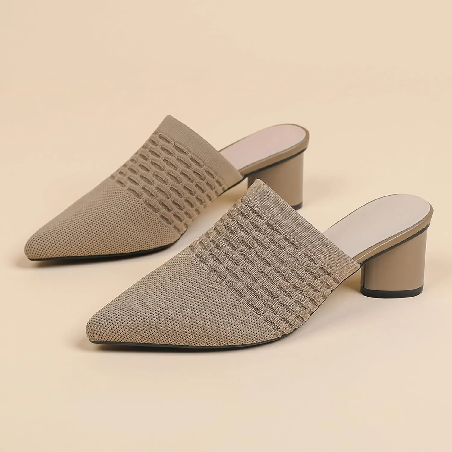 Women Knit Closed Pointed Toe Chunky Heel Mules Mesh Breathable Low Block Heel Pump Sandals Comfortable Slip On Dress Party Slides