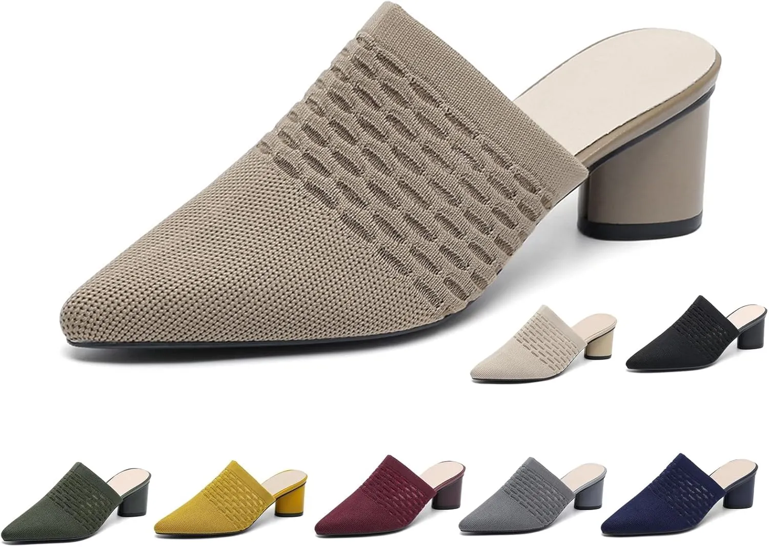 Women Knit Closed Pointed Toe Chunky Heel Mules Mesh Breathable Low Block Heel Pump Sandals Comfortable Slip On Dress Party Slides