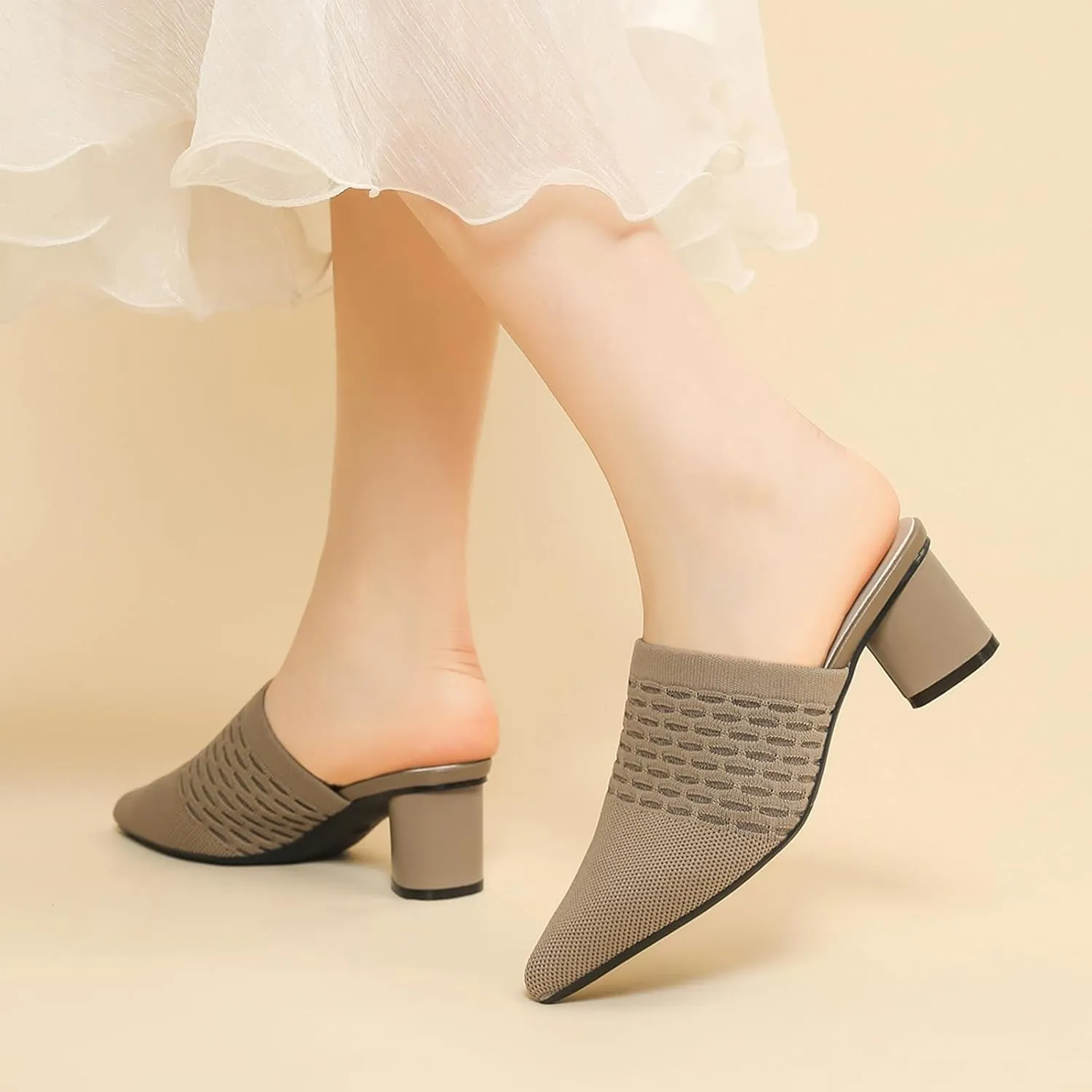 Women Knit Closed Pointed Toe Chunky Heel Mules Mesh Breathable Low Block Heel Pump Sandals Comfortable Slip On Dress Party Slides
