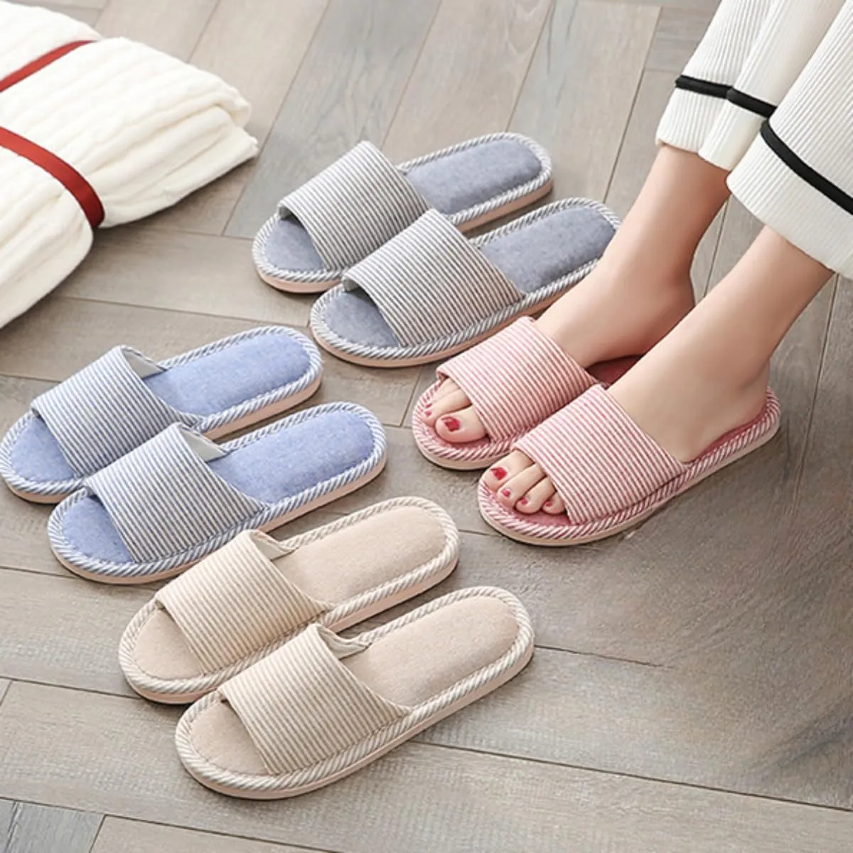 Women Slipper Open Toe House Slippers Soft Cotton and Soft-sole Slippers Bedroom Cozy Indoor Outdoor Home Slipper Slides for Women