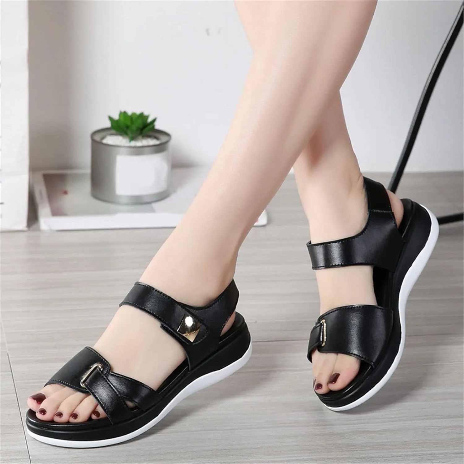 Women Wedge Sandals Summer PU Leather Sandals Open Toe Platform Sandals Hook Loop Casual Shoes (Black, 9)