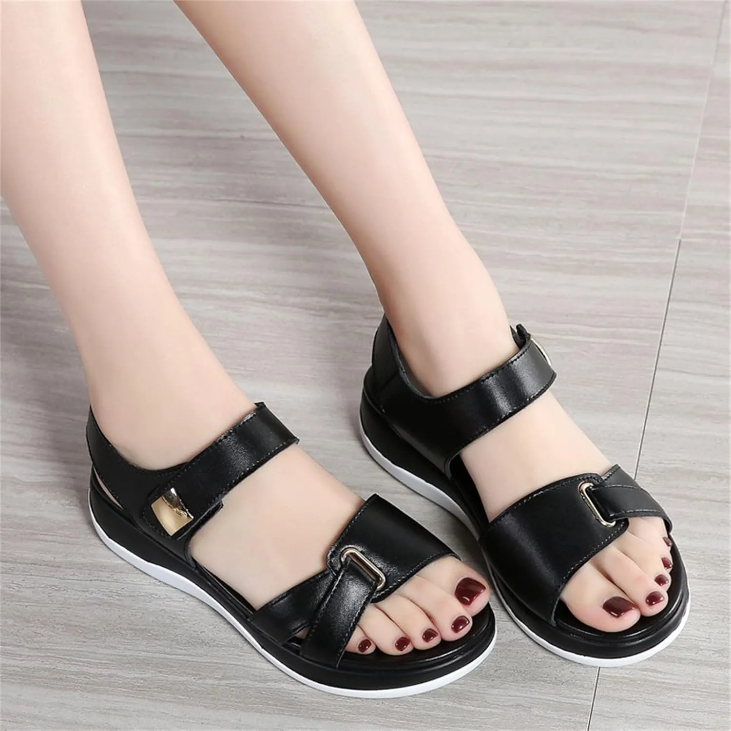 Women Wedge Sandals Summer PU Leather Sandals Open Toe Platform Sandals Hook Loop Casual Shoes (Black, 9)