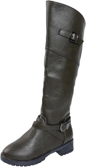 Womens Block Heel Knee High Boots Vintage Solid Strap Buckle Pointed Toe Zipper Square Low Heel Long Boots Comfortable Casual Leather Shoes